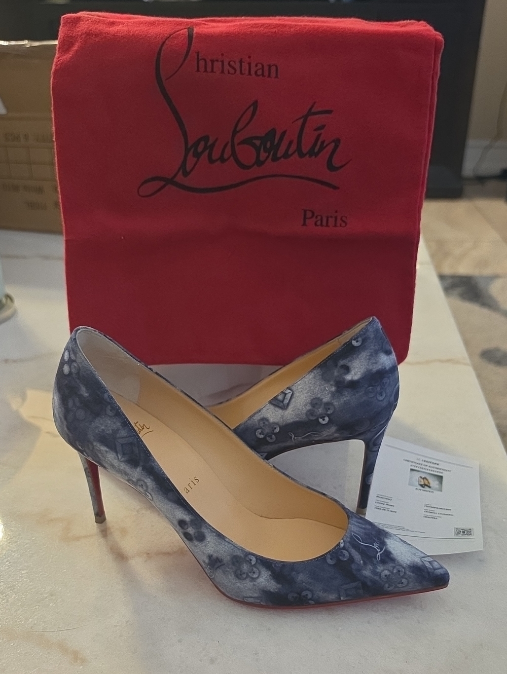 Christian Louboutin Navy Blue Patterned Pointed-Toe Pumps With Free COA